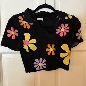 Floral Black Cropped Polo Shirt